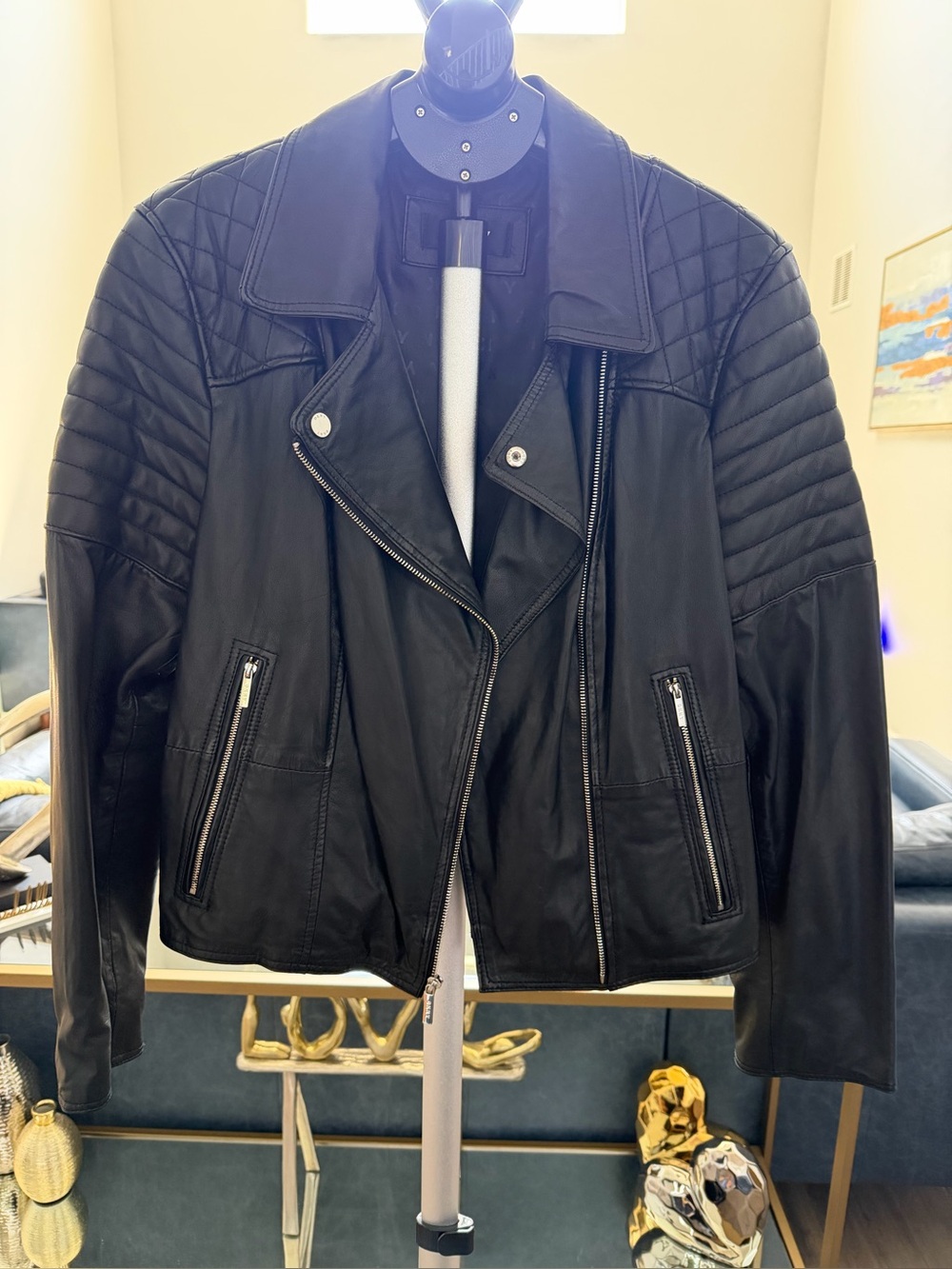 DKNY Black Quilted Shoulder Leather Moto Jacket